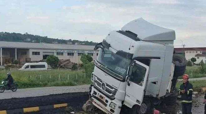 Kontrolden çıkan kömür yüklü tır devrildi